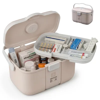 Productafbeelding van Relaxdays medicijnbox, 4 compartimenten, pillendoosje, uitneembaar binnenwerk, medicijnkastje, kunststof, BHD: 17 x 28 x 18 cm, beige
