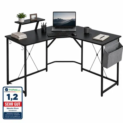 Produktbild von Lina® Computertisch im Industrie Design, aus Holz, 130x130x75 cm, Holz+Regal Schreibtisch, mit L Schreibtisch und Zusatzfach - Schwarz