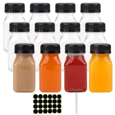 Obrázok produktu pre 12 kusov – 100 ml, opakovane použiteľné fľaše na nápoje – plast (PET) – priehľadné – s viečkami – vhodné na džúsy a nápoje