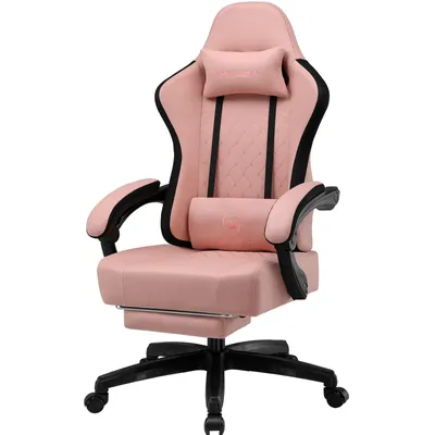 A pink gaming chair with a footrest is shown against a white background.