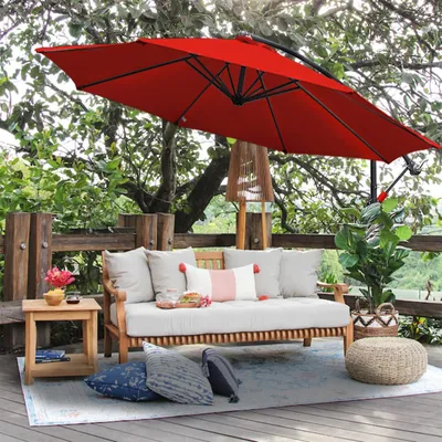 Produktbild von Fiqops ALU Sonnenschirm Ø350cm Gartenschirm Terrassenschirm Marktschirm Ampelschirm, mit Kurbel zum Öffnen und Schließen,Rot