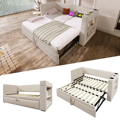 Produktbild von Flieks Polsterbett 90x200cm mit Ladefunktion & Getränkehalter, Tagesbett Schlafsofa mit Ausziehbett und Stauraum, Daybed Jugendbett Baumwolle, Beige