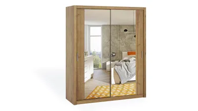 Produktbild von FurMeb24 Schiebetrenschrank BONO 180 cm Kleiderschrank mit Spiegel, 2-triger Schiebeschrank (Eiche Gold / Eiche Gold)