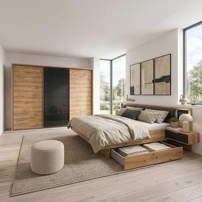 Produktbild von Schlafzimmer-Set mit 180x200 cm Doppelbett & 273 cm Schwebetürenschrank, 4-teilig, mit Glasschwebetür, Kopfteilpolster & beleuchteten Glaspaneelen - VIESTE-43
