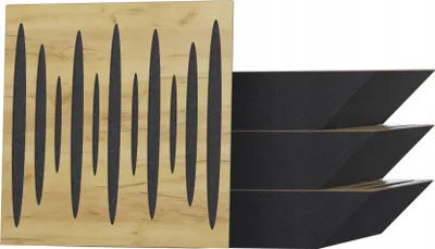 A product shot of acoustic bass traps, with one panel showing a wood grain pattern with black sound wave-like cutouts, and three angled black bass traps to the right.