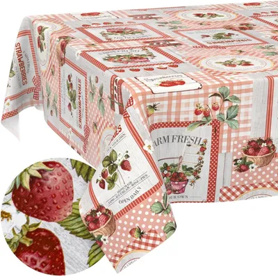 Obrázek produktu pro Ubrousek na stůl, oválný, rozměry 240 x 140 cm, s motivem jahod, omyvatelný, vhodný do zahrady
