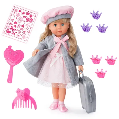 Productafbeelding van Bayer Design 94635AX. Functionele pop Charlene met haar en ogen die sluiten. Ze spreekt en zingt 90 zinnen, 2 gedichten en 8 liedjes. Hoogte: 46 cm