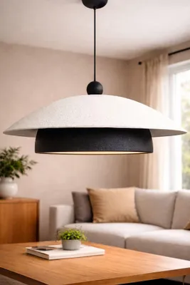 Produktbild von Opviq, Moderne Pendelleuchte aus Carbonbeton, Schwarz und Weiß, Ø48 cm, höhenverstellbar 35-85 cm, E27 Fassung, IP20, ideal für skandinavische Wohnräume.
