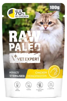 Obrázek produktu pro VETEXPERT Raw Paleo Adult Sterilised Chicken - mokrá krmiva pro kočky - 100 g