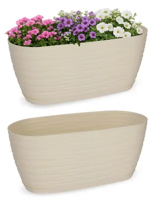 Immagine prodotto di KADAX vaso da fiori con piattino, vaso da fiori, fioriera da interno, vaso per piante in plastica leggera, fioriera per fiori, piante, casa, stanza, fioriera (27 cm, crema)