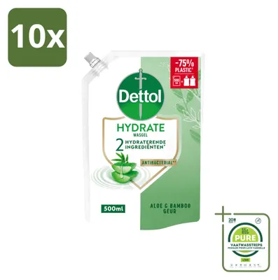 Imagen del producto de 10 unidades de recambio de jabón líquido para manos Dettol, hidratante, con aloe vera y bambú, 500 ml, pack grande