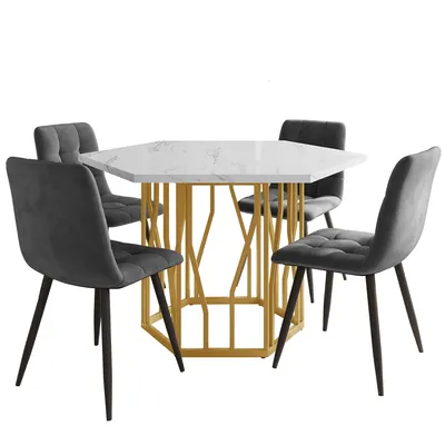 Produktbild von Flieks Essgruppe, sechseckiger Esstisch mit 4 Stühlen, Küchentisch mit goldenen Beinen, Esszimmertisch für Esszimmer Wohnzimmer, weiß + grau