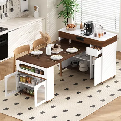 Obrázek produktu pro MODFU Multifunkční kuchyňský ostrov s výsuvným stolem skládací sideboard na kolečkách jídelní stůl s integrovanou zásuvkovou lištou bílá 50,5–187,5 × 110,5 × 95,5 cm