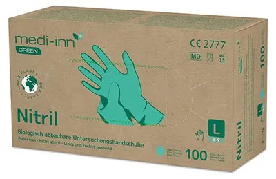 Produktbild von "Medi-Inn GREEN" Handschuhe, Nitril puderfrei grün Größe: L biologisch abbaubar
