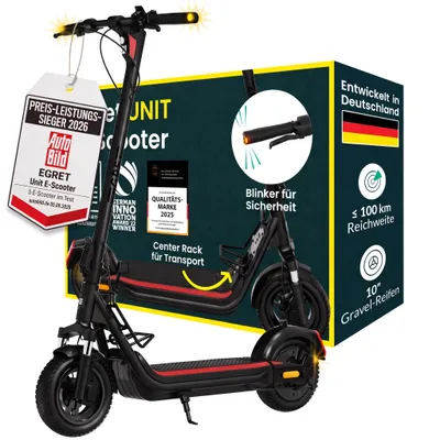 Produktbild von E-Scooter mit Straßenzulassung (ABE) 1890W, 100 km, 2x Federung & Gepäckträger, 130 kg Traglast, 10" Luftreifen, App – Egret Unit, KI-generiertes Bild