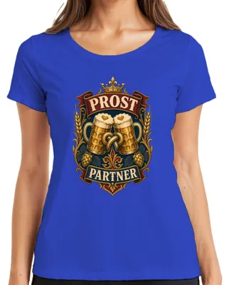 Imagen del producto de Camiseta para mujer, azul, talla L, con motivos de : cerveza, pretzel, corona, lederhosen (pantalones de cuero tradicionales bávaros) y el escudo del