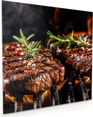 Produktbild von Küchenrückwand Spritzschutz Glas mit Motiv Gegrillte Steaks 40 x 40 cm