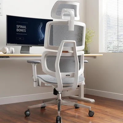 Image de Chaise de bureau ergonomique, entièrement en mesh, avec support lombaire, accoudoirs 3D réglables, repose-tête et grande assise pivotante