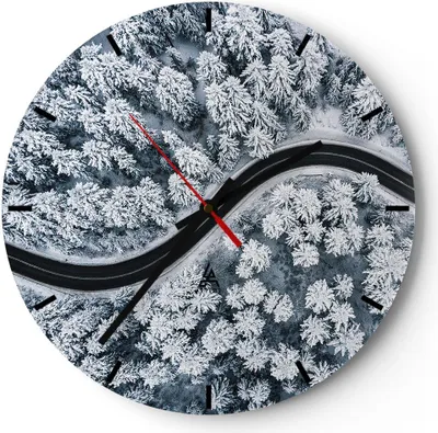 Produktbild von Wanduhr - Rund - Glasuhr - Wald Winter Straße - 30x30cm - Schleichendes Uhrwerk - Lautlos - zum Aufhängen bereit - Dekoration Modern - Wanddekoration aus Glas - C3AR30x30-5010