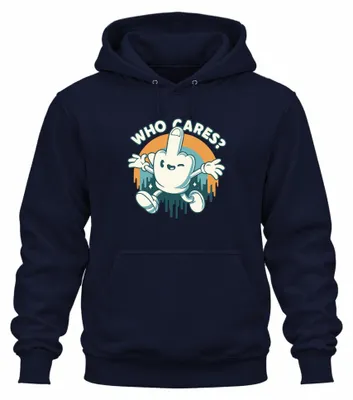 Productafbeelding van "Who Cares" - Cartoon met middelvinger, brutaal, retro, vintage, jaren '90, skater stijl, uni hoodie, marineblauw, XXL
