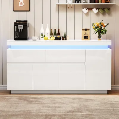 Productafbeelding van Witte dressoir met LED-verlichting, 140x35x72,5 cm, met 4 deuren en 2 lades, hoogglanzende afwerking van spaanplaat, geschikt voor de woonkamer