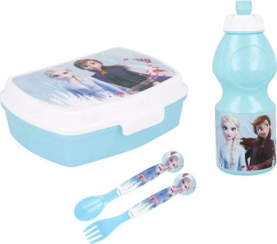 Produktbild von Die Eiskönigin 4-teiliges Set Brotdose - Trinkflasche - Löffel Gabel
