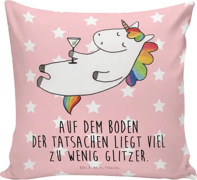 Produktbild von Mr. & Mrs. Panda Dekokissen Einhorn Cocktail - Rot Pastell - Geschenk, Spruch, kuschelkissen 40x40, Sofakissen, Sofa Kissen, Unicorn, Caipirinha, Party, Geburtstag