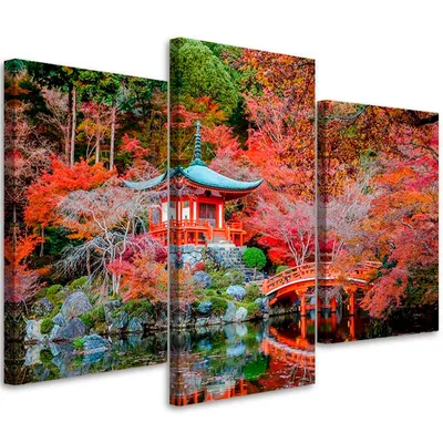 Produktbild von Triptychon auf leinwand japanischer garten 60x40 cm Feeby rot wandbild bereit zum aufhängen