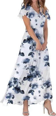 Produktbild von ASKSA Damen Sommerkleid Blumendruck Lang Ruesche Kurzarm V Ausschnitt Strandkleider Boho Beach Midikleid Freizeitkleid (Koenigsblau,XXL)