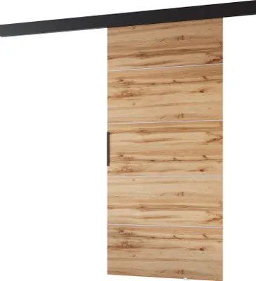 Produktbild von MINIO go for it, Schiebetür "PRIM B", Zimmertür, mit silbernen Zierleisten, schwarzer Griff, 106cm, Wotan Eiche / Schwarze Farbe