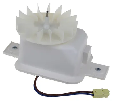 A white fan motor with a white impeller and a white housing, attached to a white mounting bracket. It has a yellow connector with blue and brown wires.