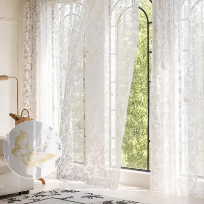 Produktbild von 2 Stück Vorhänge Weiß Transparente Jacquard Schmetterling Blumenmuster Voile Gardinen mit Ösen für Wohnzimmer Schlafzimmer Kinderzimmer, B140xH275cm