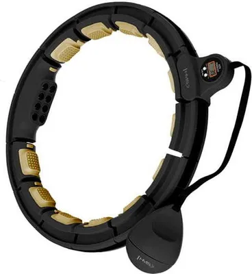A black and gold massage hula hoop with a digital counter and a weighted ball.