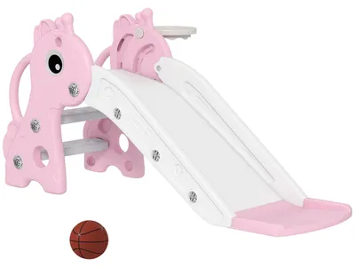 Image de Toboggan pour tout-petits en plastique HDPE, toboggan 3-en-1 en forme de girafe avec panier de basket et ballon, couleur rose | À partir de 1 an | Jusqu'à 30 kg | 106 x 51,5 x 52 cm