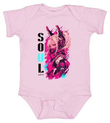 Image de Body bébé rose, style cyberpunk, avec masque inspiré de l'anime, motifs néon, esthétique mecha, influence japonaise, années 2000, style vaporwave, taille 0/3