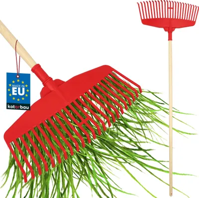 Produktbild von KOTARBAU® Laubrechen Kunststoff 48 cm mit Holzstiel 1,5 m Extra Click Heurechen Laubharke Rechen für Herbstlaub & Heckenschnitt Gartenrechen Kunststoff Rot & lackiertes Holz