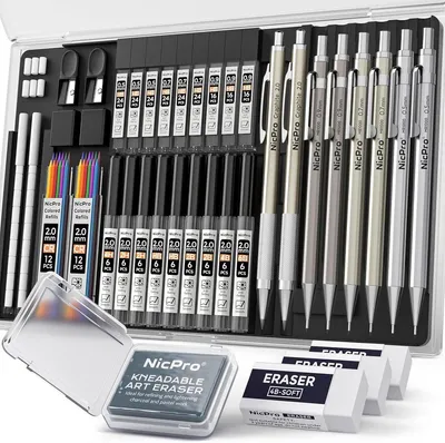 Produktbild von PromoHome® Set aus 37 Metall-Druckbleistiften und Zeichenzubehör - 0,5/0,7/0,9 und 2 mm - inklusive Minen und Radiergummis