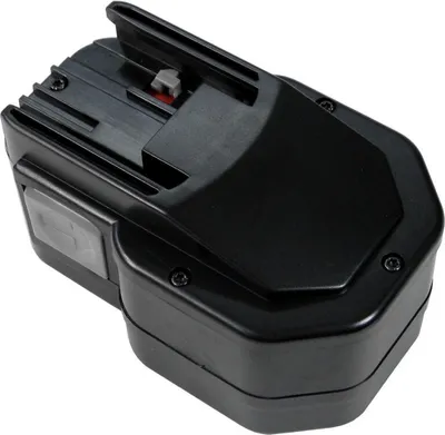 A black power tool battery pack is shown from a slightly elevated angle against a white background.