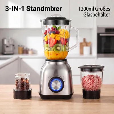 Produktbild von Multifunktionale Küchenmaschine 3-in-1 Standmixer, 1200ML Hochwertiger Glasbehälter, 1200W, Edelstahlklingen, mit Pulsfunktion