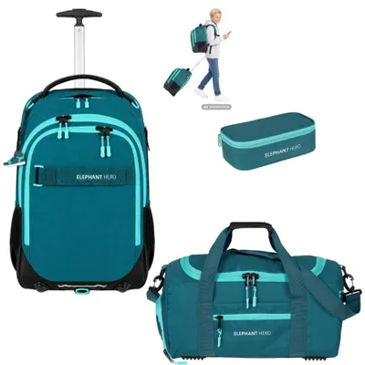 Produktbild von Schultrolley Trolley Rucksack 3 Teile Set Elephant Hero Signature Sporttasche Mäppchen Box - Petrol Türkis Solid 13206