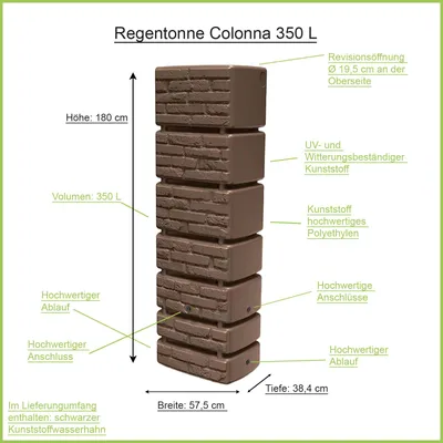 Produktbild von Regentonne eckig COLONNA 350 Liter braun inkl. Hahn