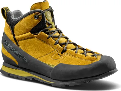 Gelbe Boulder X Mid Zustiegsschuhe von La Sportiva mit grauen Akzenten und robuster Sohle.