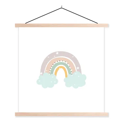 Produktbild von MuchoWow® Textilposter Regenbogen - Sterne - Punkte - Wolken - Kinder 120x120 cm mit holzfarbenen Rahmen - Textil-Poster