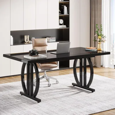Zdjęcie produktu dla Biurko 160x80 cm, czarne, z metalową podstawą, idealne do biura domowego