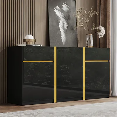 Produktbild von Merax s Sideboard mit Goldakzenten, Kommode mit 3 Türen und 2 Schubladen, Stauraumschrank mit verstellbare Einlegeböden, Hochglanz Schwarz