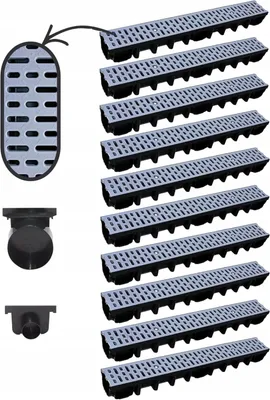 Produktbild von Megaa store 10m Entwässerungsrinne 98 mm – Komplettset A15 Kunststoffrinne Schwarz/Grau/Verzinkt Verschiedene Rostmuster Drainagerinne Bodenrinne