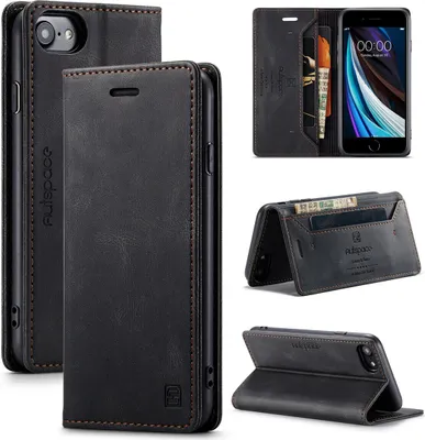 Image de iPhone SE 2022 Étui portefeuille, rétroPolyuréthaneétui en cuir Stand Housse de protection pour iPhone SE 2022 / SE 2020 / 7 / 8 Noir