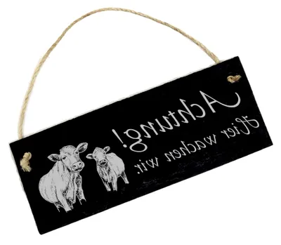 Produktbild von Schild Schiefertafel - Achtung! Hier wachen wir. Kühe Rinder - Türschild 22 x 8 cm