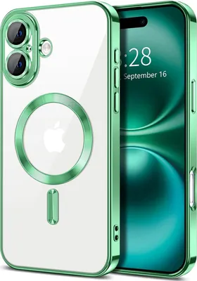 Image de Coque magnétique transparente pour iPhone 16, compatible MagSafe, coque de protection galvanisée avec protection de l'appareil photo vert clair