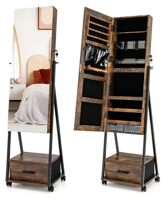Image de Armoire à bijoux avec miroir, coffre à bijoux avec miroir et tiroir, sur roulettes